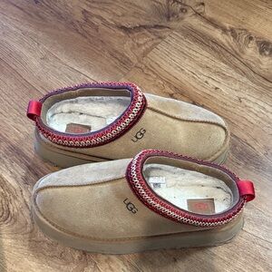 UGG Tan Suede Slip-On Clogs with Red Trim